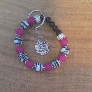 Pink and Black Beaded Keychain Bracelet with Charm